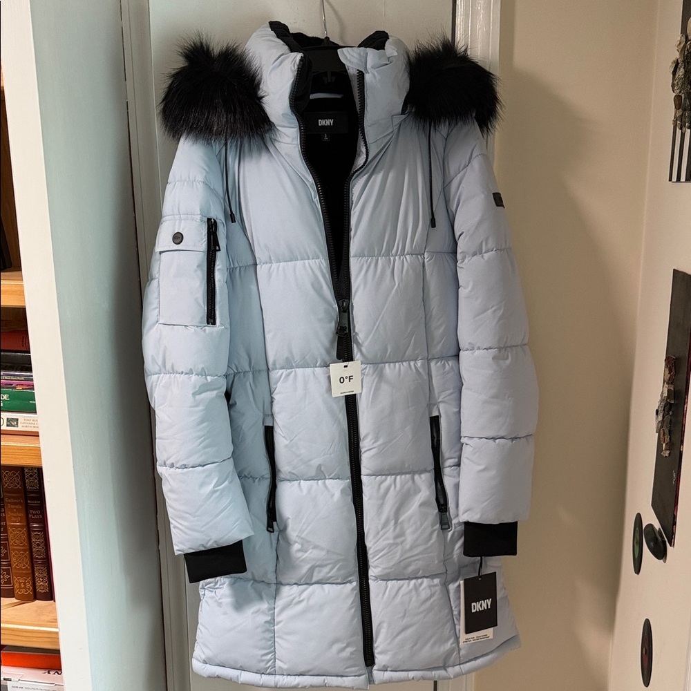 DKNY Women's Sky Blue Puffer Jacket with Black Fur Trim